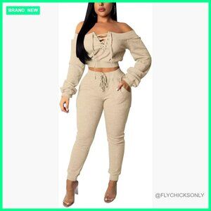 Long Sleeve Crop Top Bodycon Pants Set Polyester Spandex